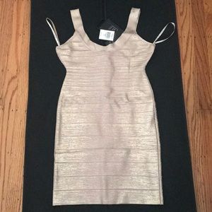Herve Leger Catherine Rose Gold Foil Bandage dress